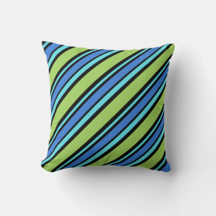 Turquoise, Blue, Neon Green Black Diagonal Stripes Throw Pillow