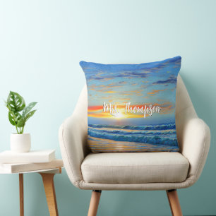 Turquoise blue ocean at sunset throw pillow