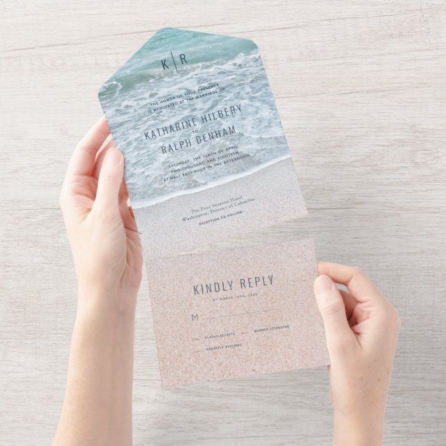 Turquoise Blue Ocean Photo Wedding All In One Invitation (Tearaway)