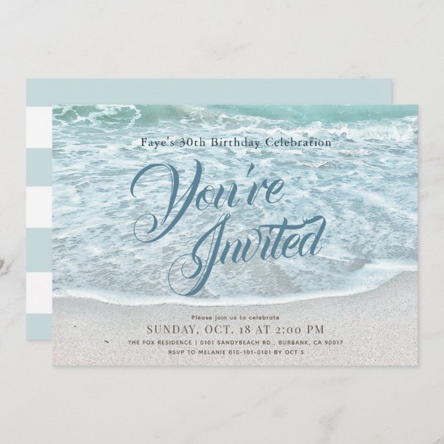Turquoise Blue Ocean Sandy Beach Birthday Invitation (Front/Back)