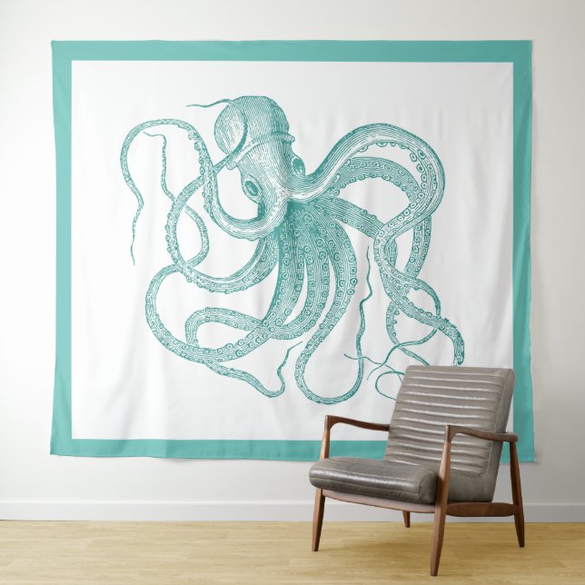 Turquoise blue octopus illustration tapestry (In Situ (Horizontal))