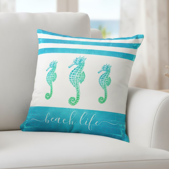 Turquoise blue ombre 3 seahorses beach life script throw pillow (Creator Uploaded)