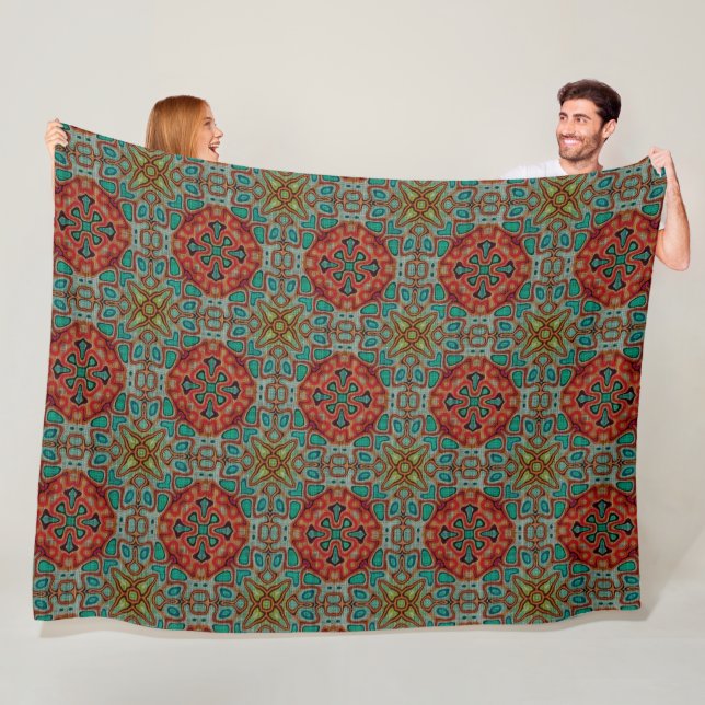 Turquoise Blue Orange Red Green Bohemian Bali Art Fleece Blanket (In Situ)