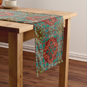 Turquoise Blue Orange Red Green Bohemian Bali Art Medium Table Runner