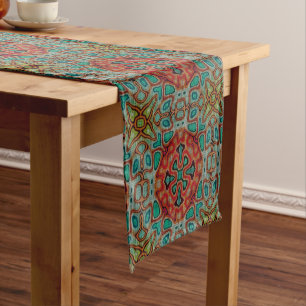 Turquoise Blue Orange Red Green Bohemian Bali Art Short Table Runner