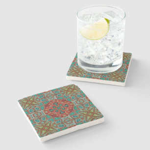 Turquoise Blue Orange Red Green Bohemian Bali Art Stone Coaster
