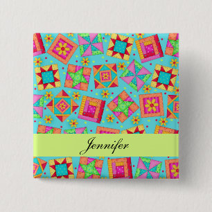 Turquoise Blue Patchwork Quilt Blocks Name Badge 2 Inch Square Button