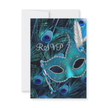 Turquoise Blue Peacock Masquerade Party RSVP