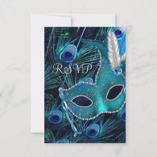 Turquoise Blue Peacock Masquerade Party RSVP (Devant)