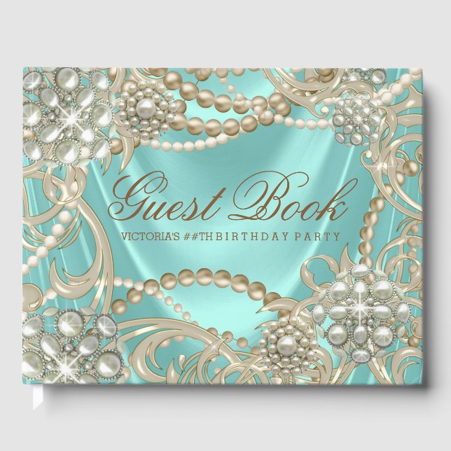 Turquoise Blue Pearl Womans Birthday Party Livre d (Recto)