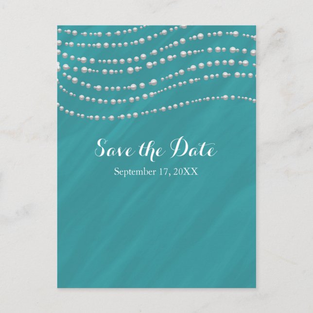 Turquoise Blue & Pearls Elegant Save The Date Announcement Postcard (Front)