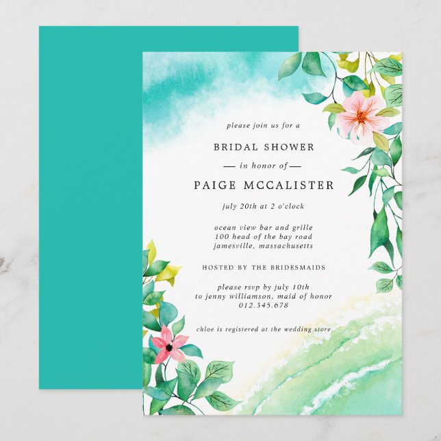 Turquoise Blue Pink Floral Botanical Bridal Shower Invitation (Front/Back)