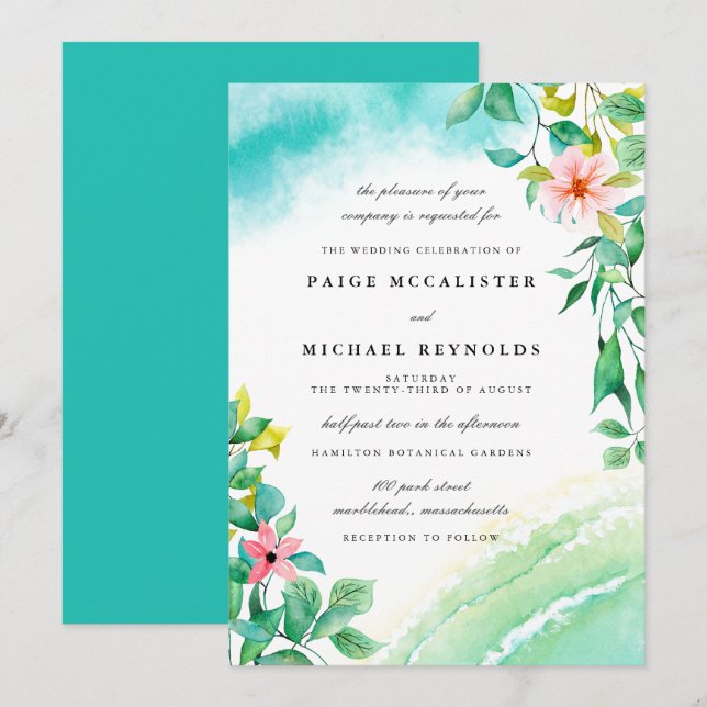 Turquoise Blue Pink Floral Botanical Wedding Invitation (Front/Back)