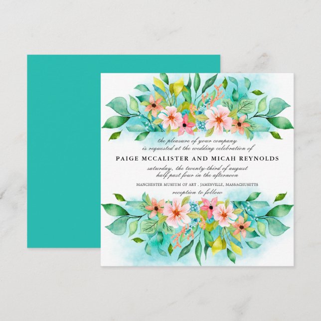 Turquoise Blue Pink Floral Botanical Wedding Invitation (Front/Back)