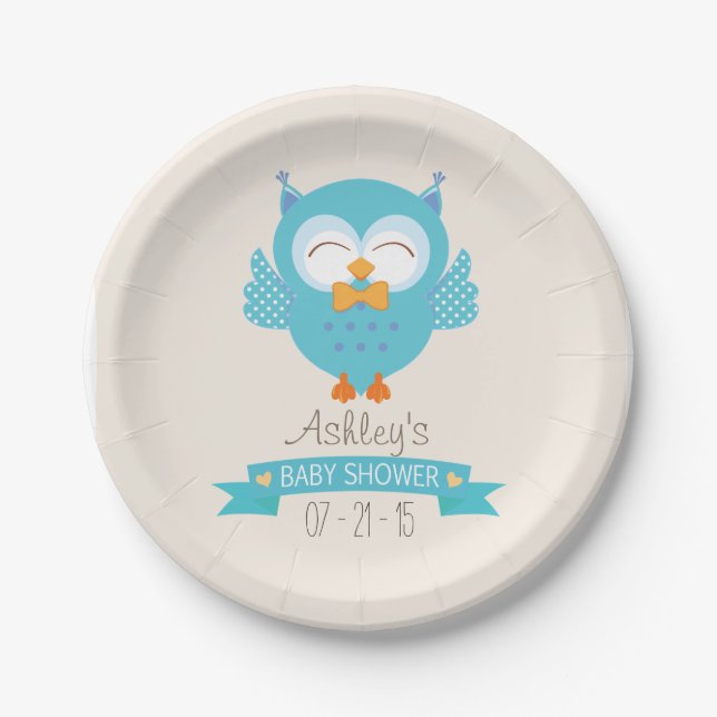 Turquoise Blue & Purple Boy Owl Baby Shower Paper Plate (Front)
