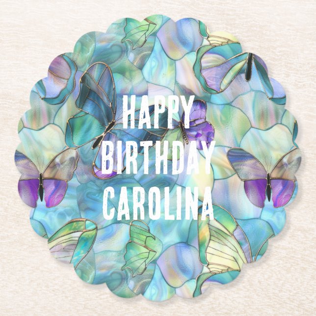 Turquoise Blue Purple Butterflies Paper Coaster (Front)