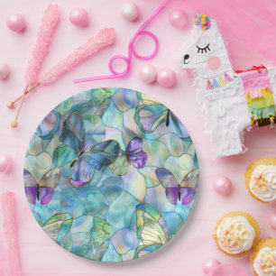 Turquoise Blue Purple Butterflies Paper Plate