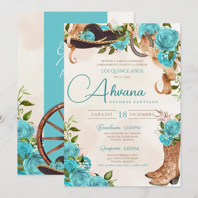 Turquoise Blue Quinceañera Charra Western Rose Invitation (Front/Back)