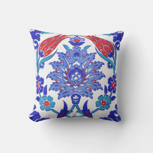 Turquoise Blue Red Ancient Turkish Floral Tile Throw Pillow
