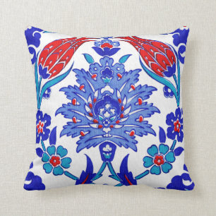 Turquoise Blue Red Ancient Turkish Floral Tile Throw Pillow