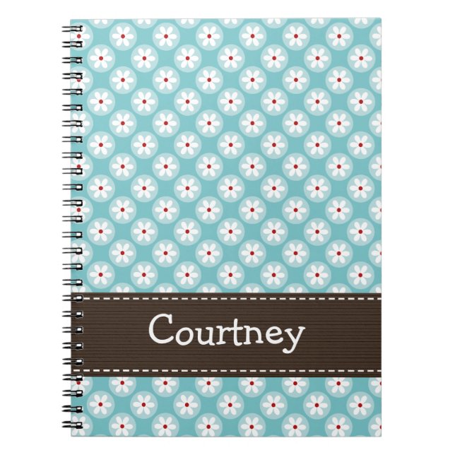 Turquoise Blue Red Daisy Spiral Notebook Journal (Front)