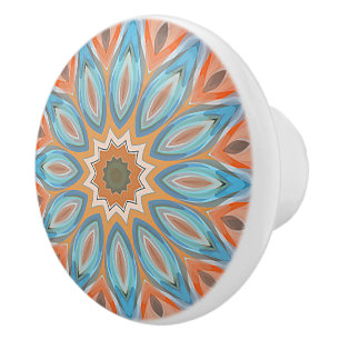 Turquoise Blue Red Peach Orange Mandala Round Sun Ceramic Knob
