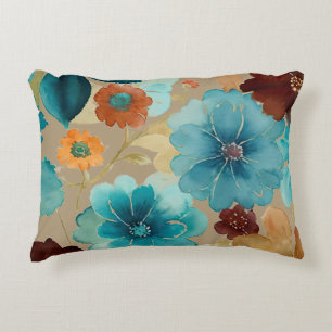 Turquoise blue, Red, Rust and Bronze Floral Accent Pillow