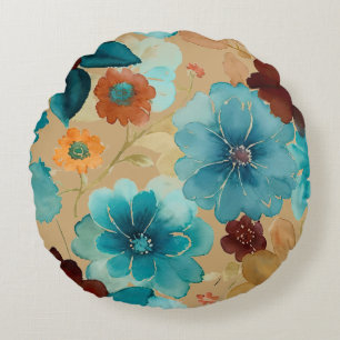 Turquoise blue, Red, Rust and Bronze Floral Round Pillow