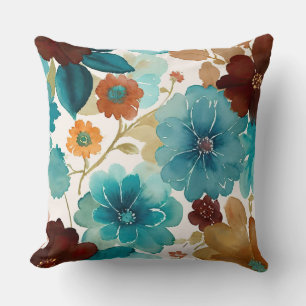 Turquoise blue, Red, Rust and Bronze Floral Throw Pillow