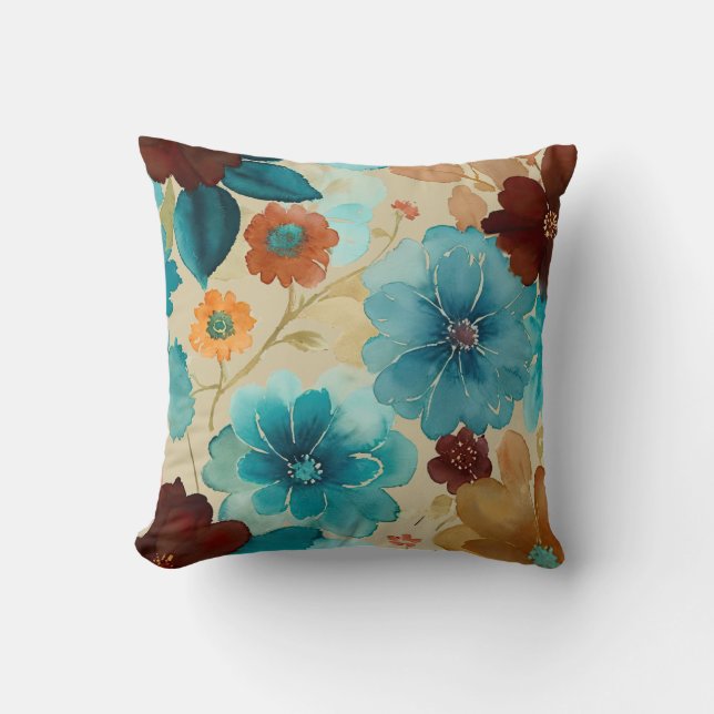 Turquoise blue, Red, Rust and Bronze Floral Throw Pillow (Front)