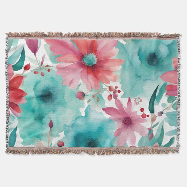 Turquoise blue Red Watercolor Spring Flowers   Throw Blanket (Front)