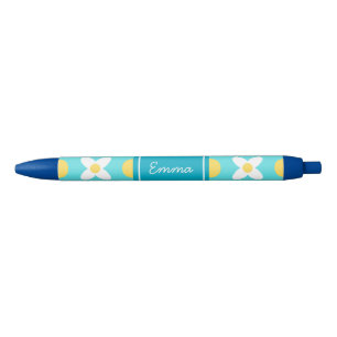 Turquoise Blue Retro Floral Pattern  Ink Pen