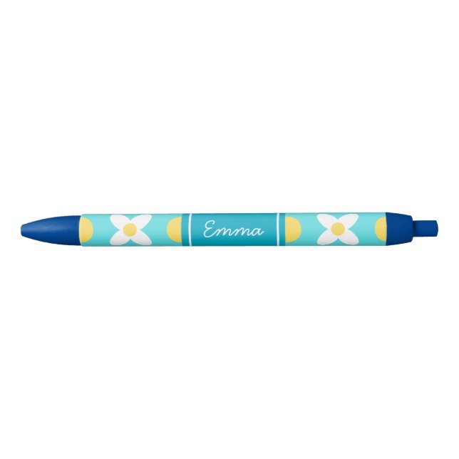 Turquoise Blue Retro Floral Pattern  Ink Pen (Front)