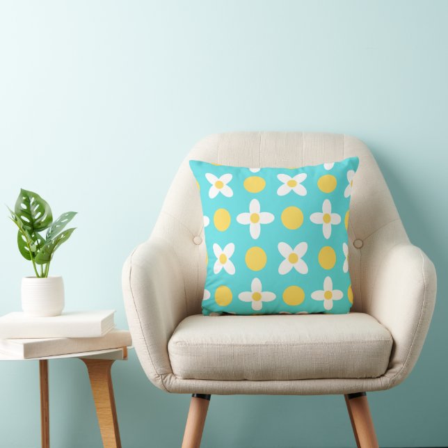 Turquoise Blue Retro Floral Pattern  Throw Pillow (Chair)
