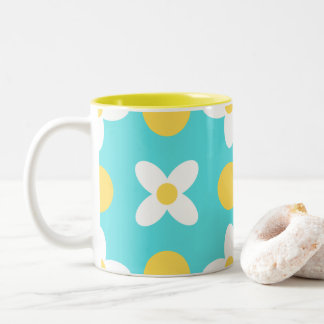 Turquoise Blue Retro Floral Pattern Two-Tone Coffee Mug
