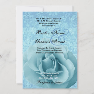 Turquoise Blue Rose and Damask Wedding Invitation