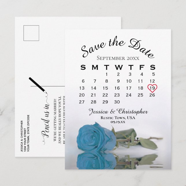 Turquoise Blue Rose Calendar Save the Date Announcement Postcard (Front/Back)