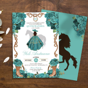 Turquoise Blue Rose Charra Vestidos Quinceanera Invitation