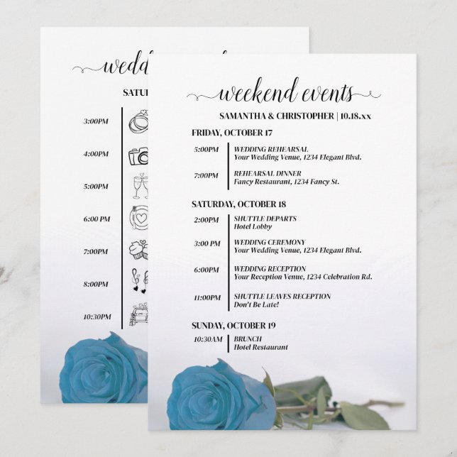 Turquoise Blue Rose Wedding Events & Timeline Program (Front/Back)