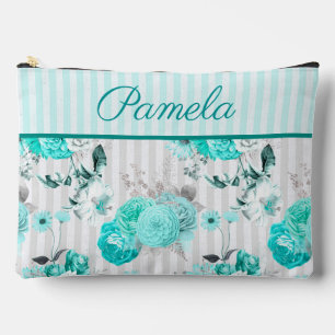 Turquoise Blue Roses, Grey Stripes and Monogram Accessory Pouch