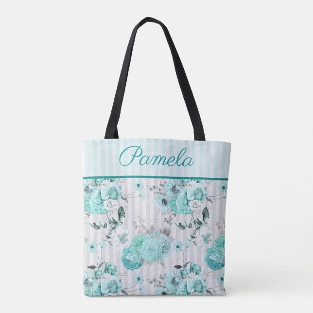 Turquoise Blue Roses, Grey Stripes and Monogram Tote Bag (Back)