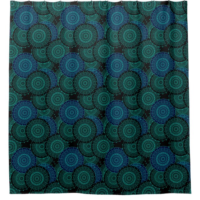 Turquoise blue round mandala on black background (Front)
