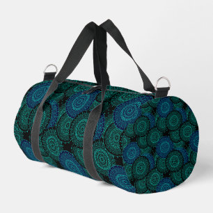 Turquoise blue round mandala on black background duffle bag