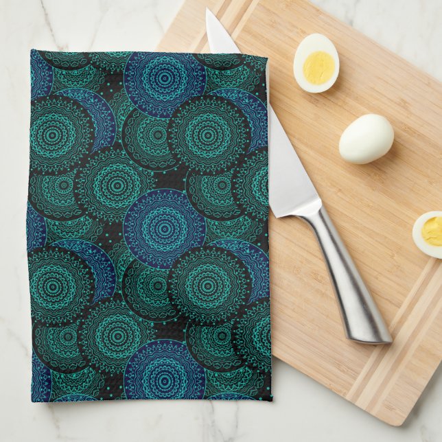 Turquoise blue round mandala on black background kitchen towel (Quarter Fold)