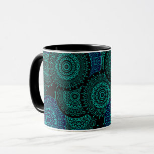 Turquoise blue round mandala on black background mug