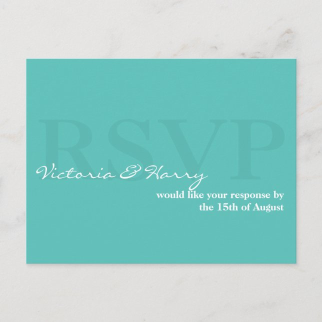 Turquoise blue RSVP simple wedding response card (Front)