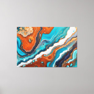 Turquoise blue, rust and gold paint abstract canvas print