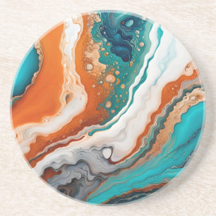Turquoise blue, rust and gold paint abstract coaster