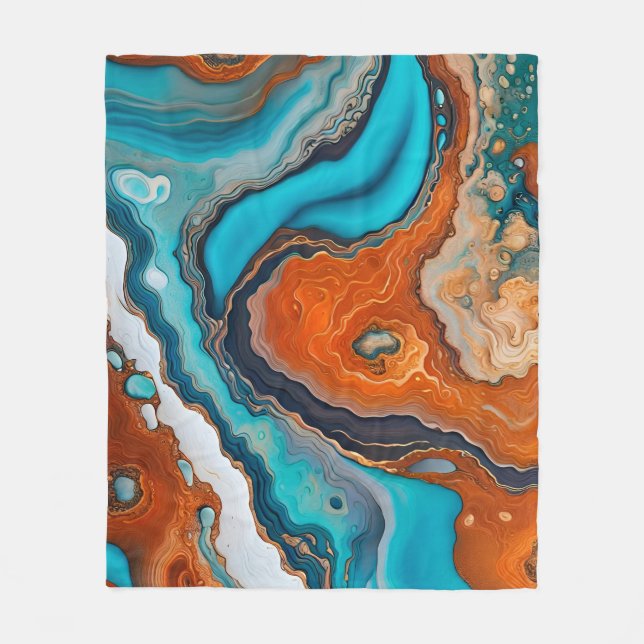 Turquoise blue, rust and gold paint abstract fleece blanket (Front)