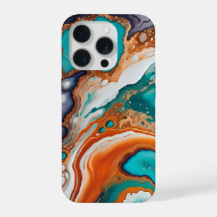 Turquoise blue, rust and gold paint abstract iPhone 15 pro case